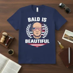Bald Is Beautiful t-shirt design with a bald man wearing American flag sunglasses, framed by a laurel wreath and the