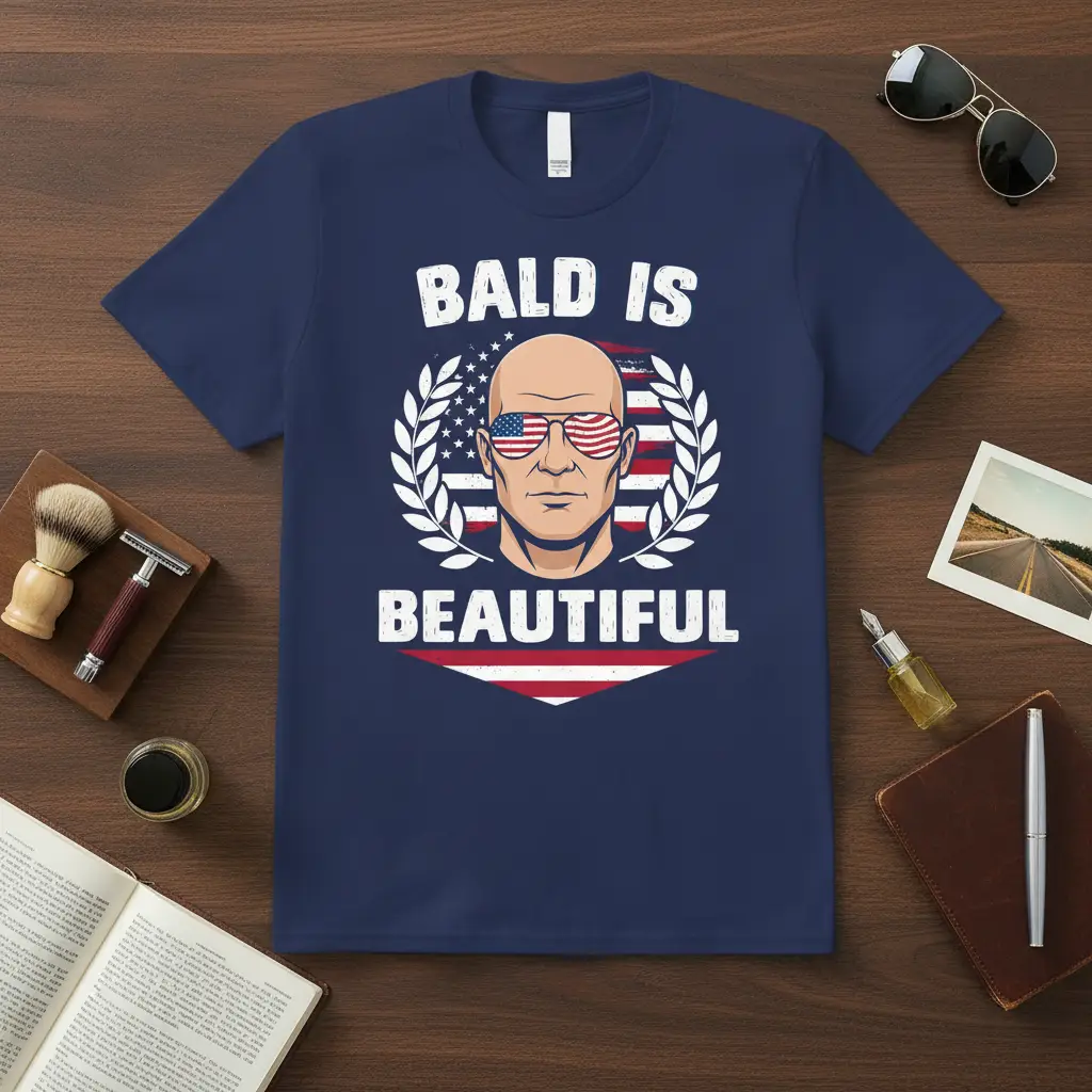Bald Is Beautiful quote on a t-shirt, featuring a bald man with American flag sunglasses and laurel wreath graphic