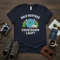 Bald Rentner Countdown Läuft t-shirt with clock, mountains, trees, and camper graphic