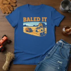 Baled It T-Shirt with farm scene, baler, hay bales, and barn, featuring the text BALED IT