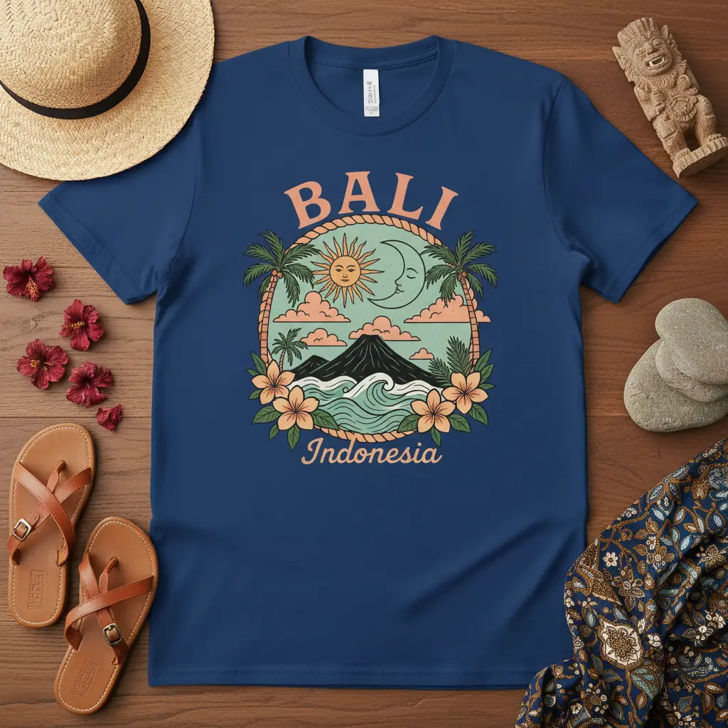 BALI Indonesia text and scenic graphic of volcano, ocean, palm trees, sun, and moon on a navy t-shirt