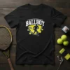 Black t-shirt with "Ballboy" text and a silhouette of a tennis player in action, surrounded by tennis balls and yellow