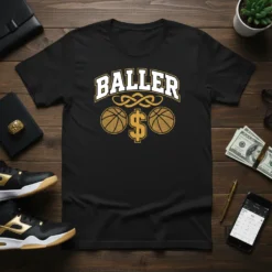 Black t-shirt with "Baller" text, two basketball graphics, and a dollar sign, representing the baller lifestyle