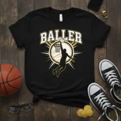 Black t-shirt with "Baller" text above a silhouette of a basketball player dunking into a hoop, gold and white accents