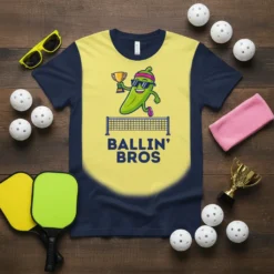 Ballin' Bros pickleball t-shirt design with a jalapeño character holding a trophy over a net
