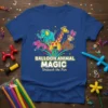 T-shirt featuring "Balloon Animal Magic Unleash the Fun" text with cartoon elephant, giraffe, monkey, and dog balloons