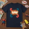 Navy blue t-shirt with a bright orange explosion graphic and the white text "BAM!" in a comic book font. Features