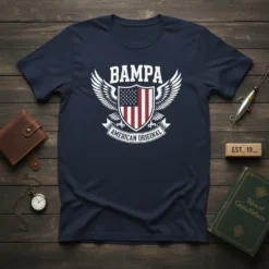 BAMPA AMERICAN ORIGINAL text with wings and US flag shield graphic on a navy blue t-shirt