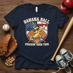 Banana Ball Crackin' Good Time baseball t-shirt design with a dabbing banana character on a baseball field under the American