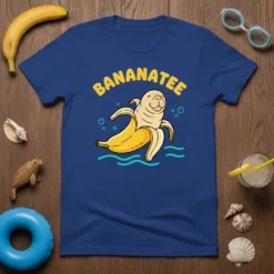 BananaTee t-shirt with a smiling seal inside a peeled banana, surrounded by water bubbles, yellow text above