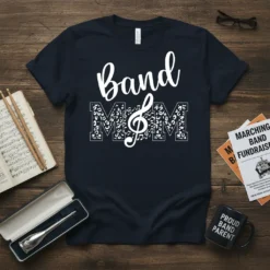 Band Mom T-Shirt with white script text and leopard print filled MOM letters with musical notes and treble clef