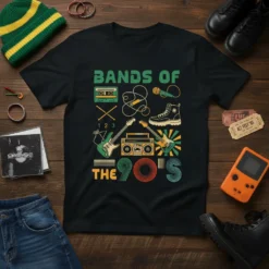 Black t-shirt with "Bands Of The 90's" text and graphics including cassette, microphone, guitars, and boombox