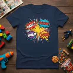 T-shirt featuring "BANG! BOOM! WHAM! POW!" comic book sound effects in red, blue, and yellow pop art style