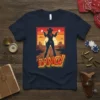 Bang Cowgirl T-Shirt with retro comic design of a silhouette woman shooting guns at a western sunset