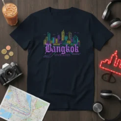 Bangkok NEVER SLEEPS t-shirt with colorful neon skyline graphic and gothic font