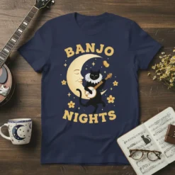 Banjo Nights t-shirt with a black cat playing a banjo under a crescent moon and stars