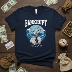 Bankrupt t-shirt design with a cracked piggy bank, sinking paper boat, and wavy water, featuring the word BANKRUPT in bold