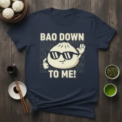 T-shirt with "Bao Down To Me!" text and a cartoon bao bun wearing sunglasses, food pun design