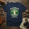 Baobab Tree of Life t-shirt with a detailed illustration of a baobab tree and maze-like roots in a green circle