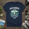 Bar Harbor Maine Acadia National Park t-shirt design featuring a lighthouse, boats, and coastal scenery