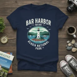 Bar Harbor Maine Acadia National Park t-shirt design featuring a lighthouse, boats, and coastal scenery