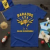 Blue t-shirt with "BARADOS BAJAN AS RASS hole" text and a muscular lion graphic, representing Barbados pride