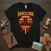 Barcelona skyline t-shirt design with Sagrada Familia silhouette and dripping effect, featuring Catalan flag colors