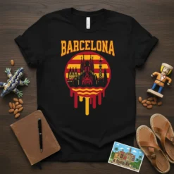 Barcelona skyline t-shirt design with Sagrada Familia silhouette and dripping effect, featuring Catalan flag colors
