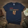 Bare Foot Preacher text with graphic of bare feet on navy t-shirt