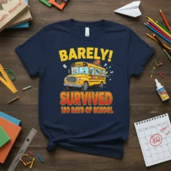 Barely Survived 100 Days of School t-shirt with a cartoon school bus and distressed text