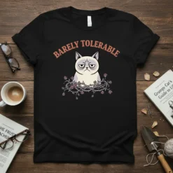Barely Tolerable Grumpy Cat T-Shirt with thorny vine design, featuring a classic grumpy cat face and the text "BARELY TOLERABLE"
