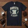 Barista In Training text with espresso machine graphic on a navy t-shirt, perfect for coffee lovers