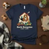 Bark Bargains Thrift Shop t-shirt design featuring a basset hound with festive bandana and surrounding winter accessories