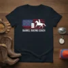 Barrel Racing Coach American flag t-shirt design featuring a silhouette of a horse and rider near barrels