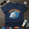 Navy t-shirt with "Barrel Session" text above a surfer riding a large wave graphic
