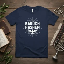 Baruch Hashem text with white dove and radiating lines on navy blue t-shirt
