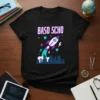 BASD SCHO text above a rocket launching over a cityscape graphic, on a black t-shirt