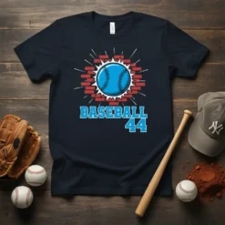 Navy t-shirt featuring a blue baseball graphic with red brick background and text BASEBALL 44