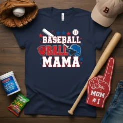Baseball Ball Mama t-shirt with baseball bat, glove, helmet, and stars graphic