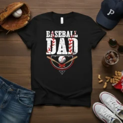 Black t-shirt with "BASEBALL DAD" text in distressed white and red, baseballs, and crossed bats graphic