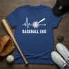 Baseball EKG heartbeat graphic on a royal blue t-shirt, featuring a baseball bat hitting a baseball within an EKG line