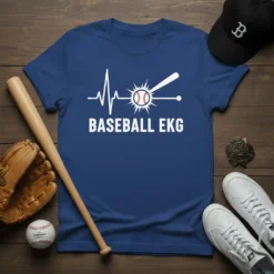 Baseball EKG heartbeat graphic on a royal blue t-shirt, featuring a baseball bat hitting a baseball within an EKG line