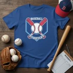 Baseball Forever t-shirt design featuring crossed bats and a baseball inside a shield shape