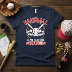 Baseball Is My Favorite Season text design with baseball, bats, and stadium graphic on a navy t-shirt