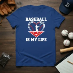 Baseball Is My Life t-shirt design with a heart-shaped baseball and batter graphic