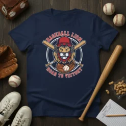 Baseball Lion Roar To Victory text with a fierce lion in baseball gear and crossed bats design on a navy