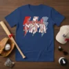 Baseball MAMA text design with baseball stitch pattern and lightning bolt graphics on a navy t-shirt