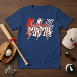 Baseball MAMA text design with baseball stitch pattern and lightning bolt graphics on a navy t-shirt