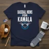 Navy blue t-shirt with white text reading "BASEBALL MOMS FOR KAMALA" and a baseball graphic