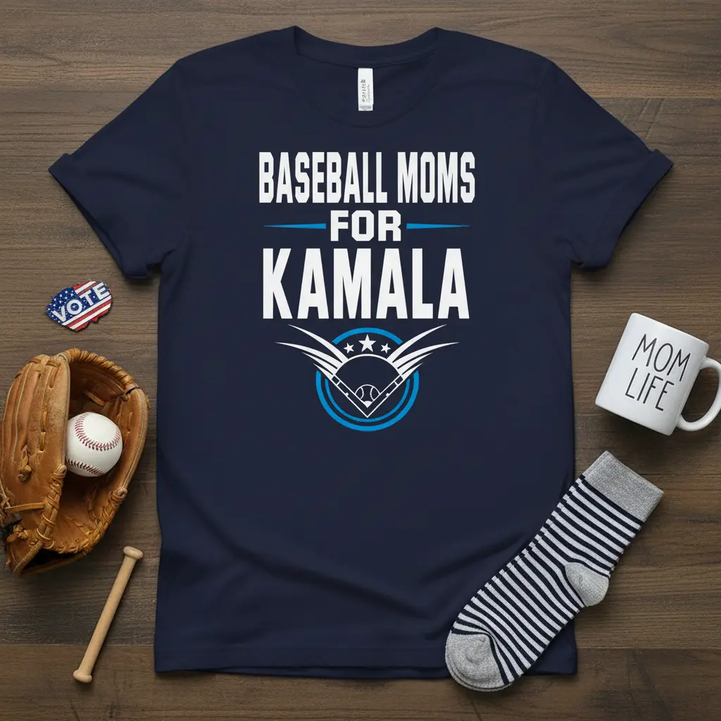 Baseball Moms For Kamala text with baseball graphic on navy blue t-shirt for supporters